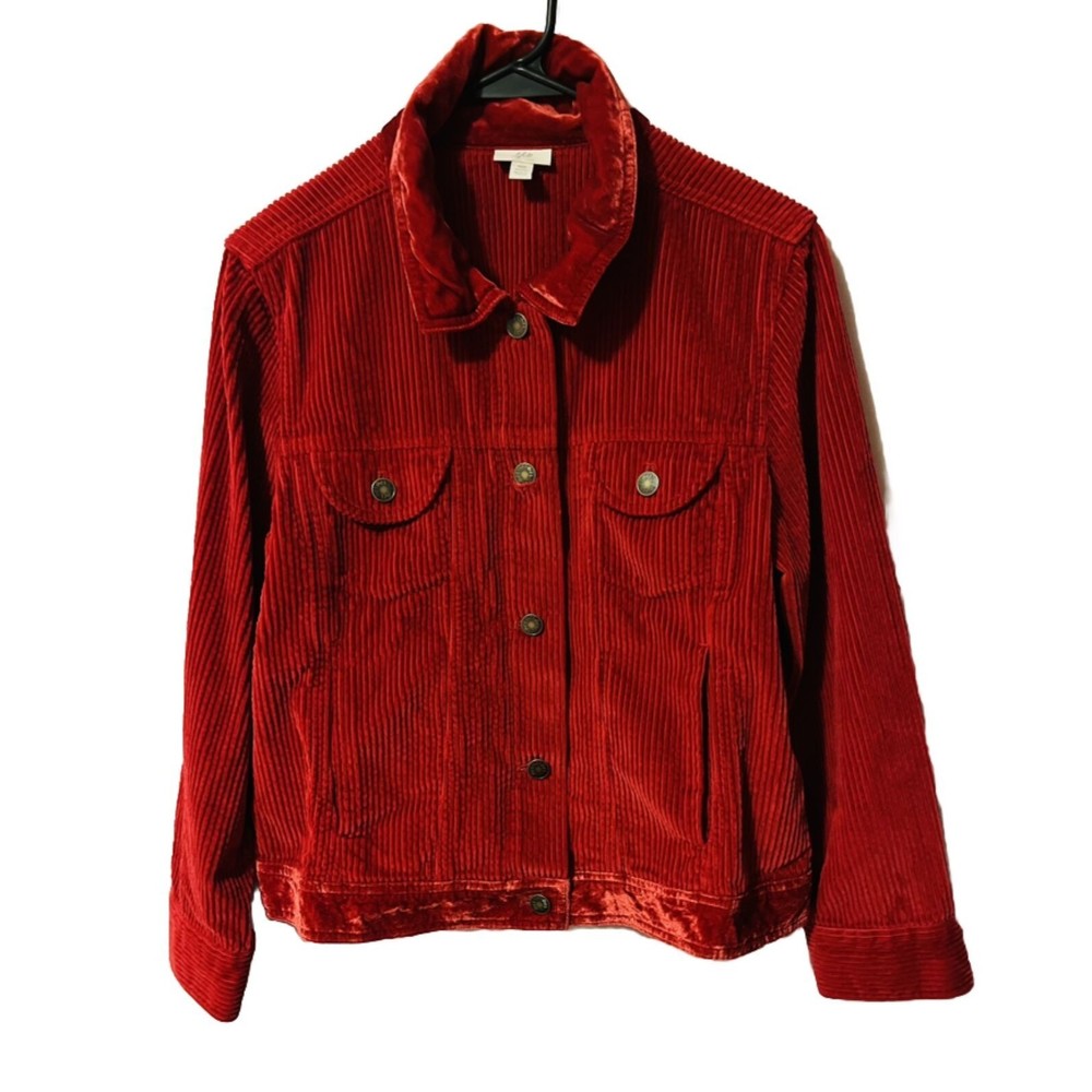 J Jill Corduroy Jacket Red Sz MP Frontal Button Velvet Trim Slim Fit Jacket